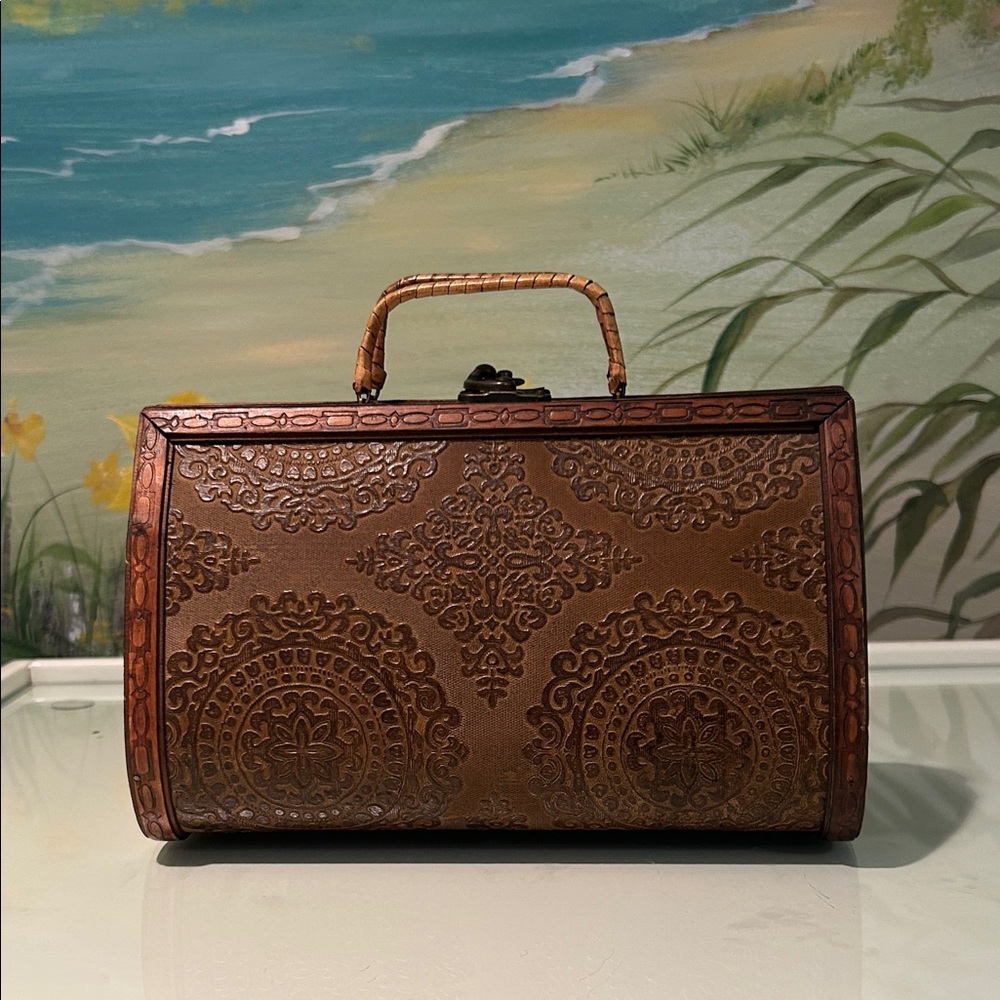 Vintage Mandela Embossed Brown Top-Handle Wood Bag